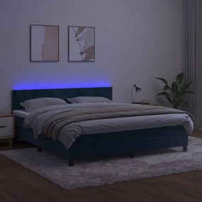 sötétkék bársony rugós és LED-es ágy matraccal 180x200 cm