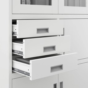 Fém iratszekrény széffel, vitrinnel és fiókokkal FILIP, 900 x 1850 x 400 mm, fehér