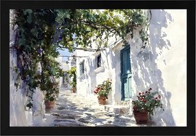 Poszter Keret Fa Görögország Fehér Házak Virágok Pergola Santorini 60x40
