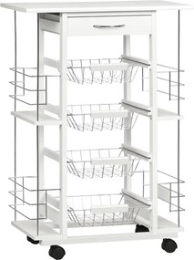 HOMCOM Konyhai Kocsi Kerekekkel Zöldség Kocsi Csempézett Pulttal Fiókkal, 4 Fémláda és 4 Oldalsó Fűszer Polccal Az Étkezőbe 57x37x83 cm Fehér | Aosom