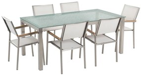 Hatszemélyes étkezőasztal üveglappal és fehér textilén székekkel GROSSETO Beliani
