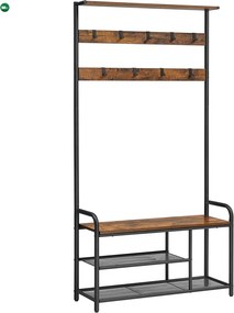 Előszoba fogas polccal, akasztókkal, cipőtartóval és ülőkével, rusztikus barna 85x30x180cm
