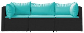 3 részes fekete polyrattan kerti ülőgarnitúra párnákkal