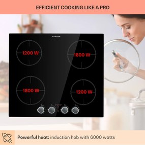Klarstein Kochheld, indukciós főzőlap, 6000 W, 4 zóna, forgó szabályozók, üveg, fekete