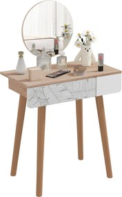 HOMCOM Sminkasztal Kör alakú Tükörrel Ф39cm, Smink Konzol Fiókkal Dzungel Dekorációval, Fehér és Tölgy, 70x39x119-128cm | Aosom
