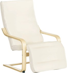 HOMCOM Karosszék - Nappali Fekvőszék Karfákkal, Bükkfából készült, 5-fokozatú lábtartó, Olvasószék Vászonhatású Kárpitozással, Hálószobába is, Krémfeh