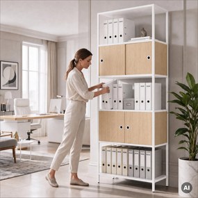 Iratrendező polc zárható szekrénnyel, irodai, nyitott polcok, fém fehér/sonoma tölgy, 800x2200x400 mm: ARIEL Eco Design