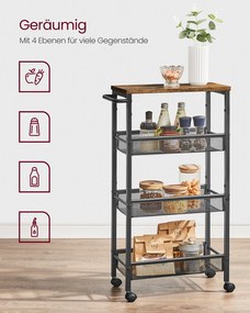 4 szintes kocsitálca, helytakarékos gurulós konyhakocsi, 22 cm mély, barna és fekete színben