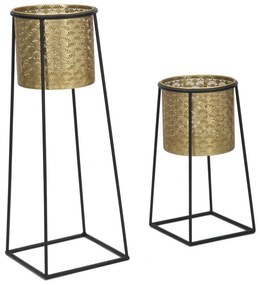 Szögletes 2db-os fekete virágtartó állvány szett áttört arany kaspóval ø 26x70-23x45cm