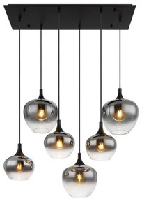 Globo 15548-6H Függeszték fém matt fekete, füstszínű üveg, fekete textil kábel, HxSzxM: 860x420x1200mm, üveg átmérő: 3x18 és egyenként 24 cm, nem tartozék: 6x E27 40W 230V