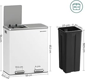SONGMICS dupla szemetes, fém szelektív hulladékgyűjtő 15 szemeteszsákkal, 2 × 30 L, fehér–szürke