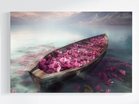 Vászonkép Canvas Hegyek Tó Csónak Virágok Álom Fantázia 120x80