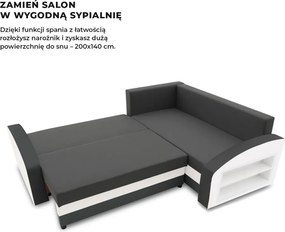 Grande sarokkanapé polcokkal , polc a jobb karfaban, jobboldali, szövet anyag, hab töltet, szürke - fehér