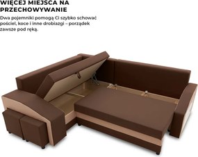Grande sarokkanapé polcokkal és puffokkal , polc a jobb karfaban puffok a bal karfaban, baloldali, szövet anyag, hab töltet, barna