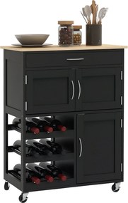 HOMCOM Konyhai Kocsi 9 Borosüveggel, 3 Ajtóval, 4 Kerekekkel és Fiókkal, Helytakarékos Konyhaszekrény Gumifa Tetővel, 67x37x87 cm, Fekete és Tölgy | A