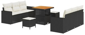 9 darabos kert sofa készlet párnákkal fekete poly rattan akácia, 3 darabos kert étkező készlet párnákkal fekete poly rattan akácia