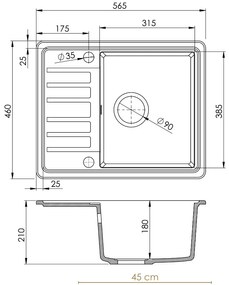 Mosogató Minőségi Zafír, gránit konyhai mosogató 565x460x210 mm + fekete szifon, 1 kamrás, fehér, SKQ-SAP.W.1KKO.XB