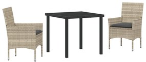3 Részes Kert Étkező Szett Párnákkal Világosszürke Műanyag Rattan, Kert Asztal Fekete 80x80x73 cm Edzett Üveg