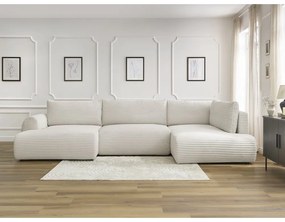 Krémszínű kordbársony kinyitható sarokkanapé (bal oldali-U alakú) Lucien – Bobochic Paris