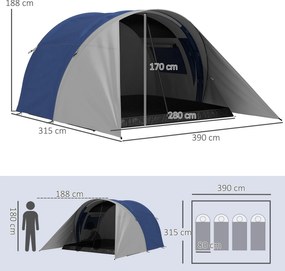Outsunny Családi Kempingtábor 3-4 Fő Részére, Dupla Tető 3000 mm-tel és Hordtáskával, Vízálló, Szellőző, Könnyű Alagú sátor, méret: 390L x 315W x 188H