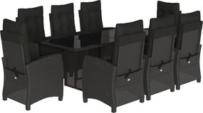 vidaXL 9 részes fekete polyrattan kerti étkezőgarnitúra párnákkal