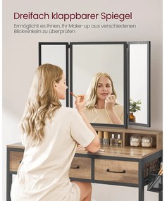 Fésülködő asztal párnázott székkel, fésülködő asztal tükörrel, tölgy barna/fekete