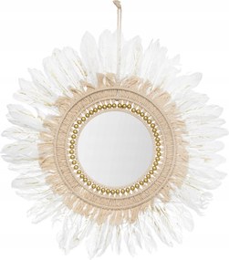 Kerek fali tükör boho tollakkal 50cm fehér dekoratív fali dekoráció