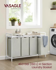 VASAGLE 4 rekeszes szennyeskosár 4 × 40 L, 116 × 33 × 72 cm, krémfehér és matt fehér