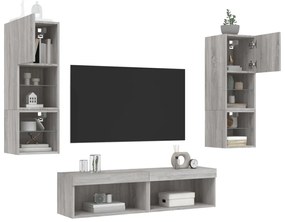 6 darab szürke sonoma színű szerelt fa fali TV-bútor LED-del