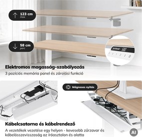 Elektromos, állítható magasságú, ergonomikus, fehér/sonoma tölgy íróasztal,1600x800 mm: ARIA