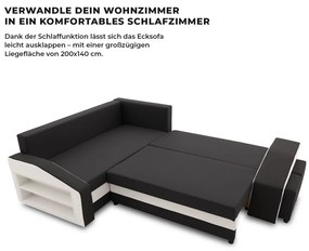 Grande sarokkanapé polcokkal és puffokkal , polc a bal karfaban puffok a jobb karfaban, baloldali, szövet anyag, hab töltet, fekete - fehér