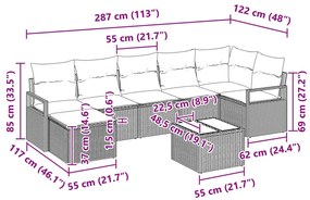 7 darabból álló kerti kanapé szett párnákkal Barna poli rattan, 2 fős kerti kanapé párnákkal Fekete poli rattan