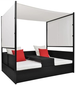 Fekete polyrattan napellenzős kerti ágy 190 x 130 cm