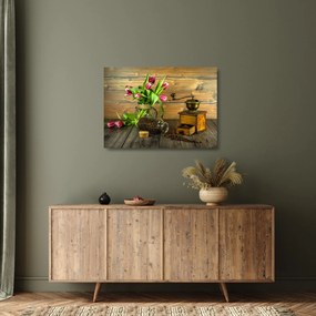 Tulipánok, daráló és kávé képe (üvegen) (70x50 cm)
