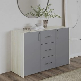 Malmo 2 ajtós, 3 fiókos komód, Fehér tölgy / Antracit, 120 x 42 x 80 cm