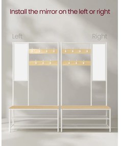 Kabáttartó állvány cipőtárolóval, előszobafal tükörrel és cipőspolcokkal 35x98x180 cm, tölgy színű és fehér