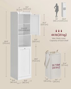 170 cm Magas fürdőszobai szekrény szennyeskosárral,  tárolóegységgel, felhőfehér