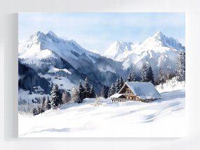 Vászonkép Canvas Akvarell Tájkép Hegyek Alpok Menedékház Tél 100x75