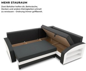 Grande sarokkanapé polcokkal , polc a jobb karfaban, jobboldali, szövet anyag, bonell töltet, szürke - fehér