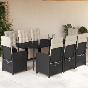 9 részes fekete polyrattan kerti étkezőgarnitúra párnákkal