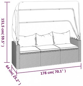3-személyes fekete polyrattan kanapé tetővel és lábtartóval