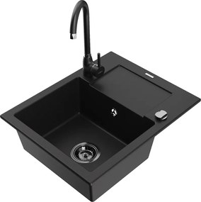 Mexen Enzo egymedencés gránit mosogató lefolyótálcával és Telma konyhai csapteleppel, fekete - 6506-77-670200-70-B
