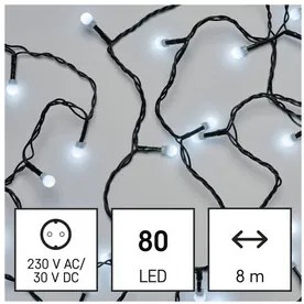 LED karácsonyi fényfüzér, cseresznye – golyók, 8 m, kültéri és beltéri, hideg fehér, időz.