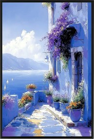 Poszter Keret Alumínium Tájkép Kilátás Görögország Tenger Ház Terasz Virágok 40x60