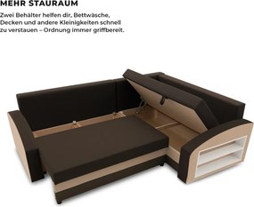 Grande sarokkanapé polcokkal , polc a jobb karfaban, jobboldali, szövet anyag, bonell töltet, barna