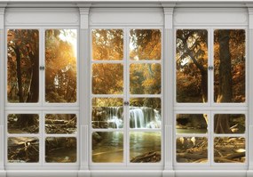 Erdei vízesés az ablakból poszter, fotótapéta, Vlies (104 x 70,5 cm)