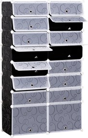 HOMCOM Cipődoboz 16 darabos készlet, halmozható cipőorganizáló, cipőtároló tárolódobozok, polcrendszer ajtóval, fekete + fehér | Aosom