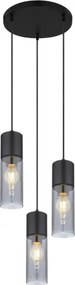 Globo 21000-3HB Függeszték, matt fekete fém, füstszínű üveg búra, matt fekete fém, fekete textil kábel, ø: 300mm, M: 1500mm, exkl. 3x E27 25W 230V