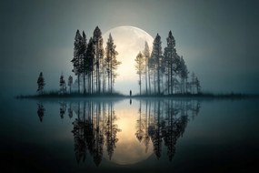 Vászonkép Canvas Telihold Köd Tó Erdő Magány 120 x 80