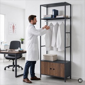 Irodai polc nyitott ruhaakasztó rúddal, recepcióra és váróterembe, fém, antracit/dió, 800x2200x400 mm: ARIEL Eco Design